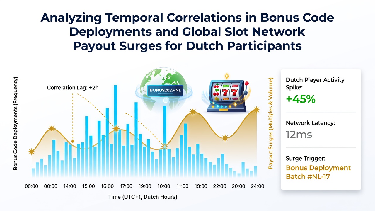 Grafiek die temporele correlaties toont tussen bonuscode implementaties en payout pieken in globale slotnetwerken voor Nederlandse deelnemers