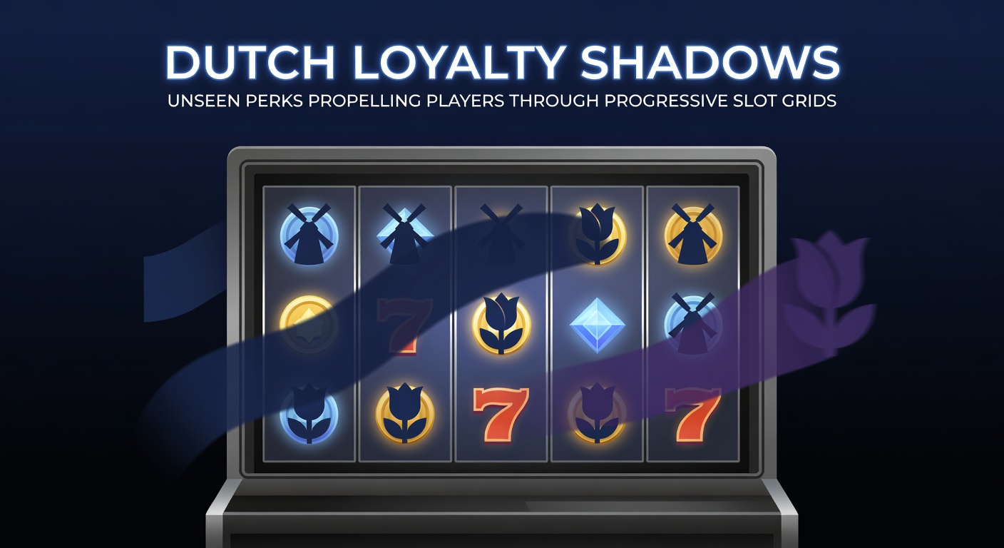 Grafische weergave van een loyaalheidsprogramma met schaduwachtige bonussen die spelers door progressieve slotniveaus leiden, inclusief Nederlandse casino-elementen en jackpotmeters