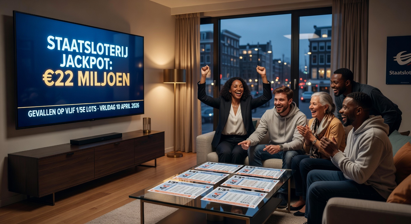 Gouden Lotto-ticket met €100.000 prijs, tegen achtergrond van Nederlandse vlag en kaarten van Veendam en Bergschenhoek