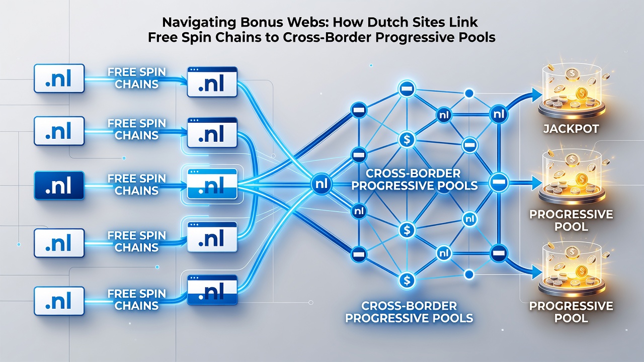 Diagram van free spin ketens die leiden naar cross-border progressieve jackpot pools
