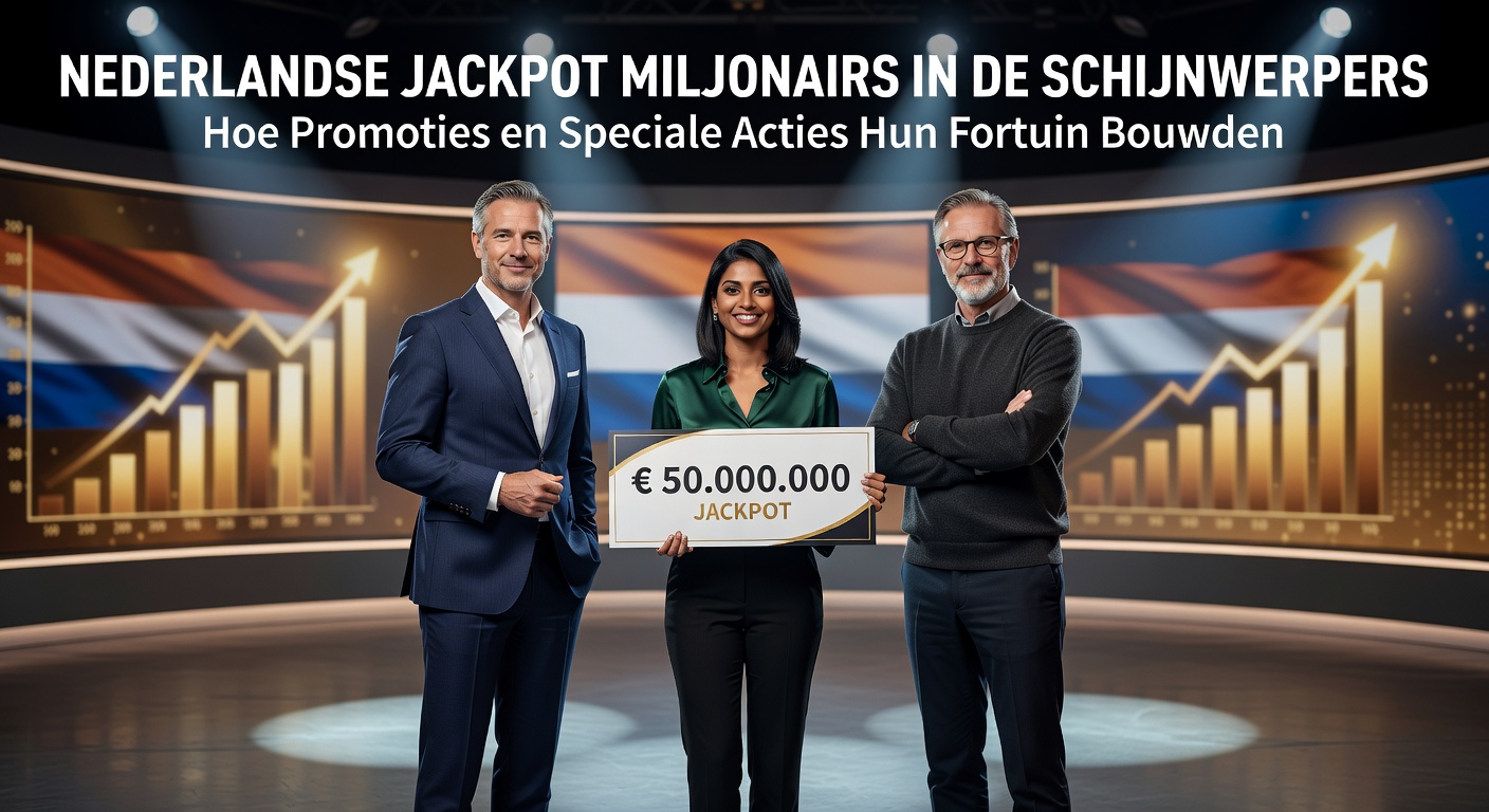 Nederlandse jackpot winnaar viert succes met cheque in de hand, omringd door casino lights en confetti