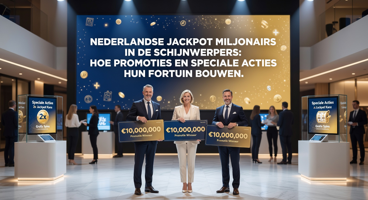 Groep enthousiaste Nederlandse winnaars poseert met gigantische jackpot-cheques voor een casino backdrop, lachend en high-fivend