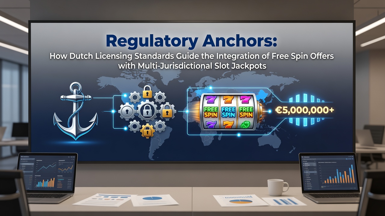 Illustratie van Nederlandse licentiestandaarden die free spin aanbiedingen verbinden met multi-jurisdictionele slotjackpots