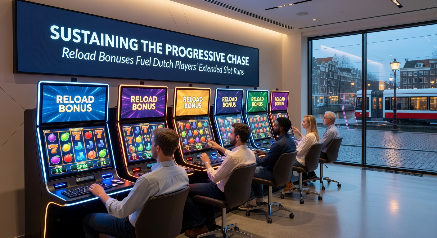 Grafiek met oplopende jackpotcurve en reload bonus iconen die sessielengte verlengen op een Nederlands casino dashboard