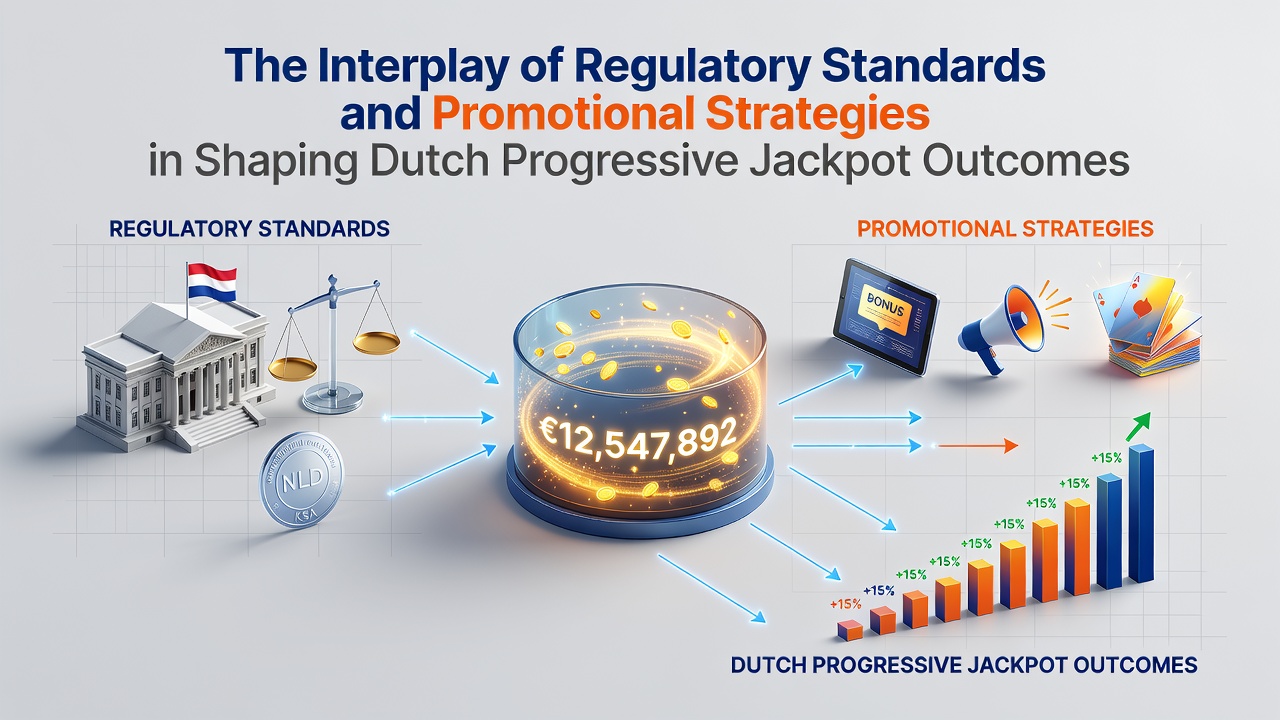 Illustratie van Nederlandse casino interfaces met progressieve jackpot meters en regelgevende documenten