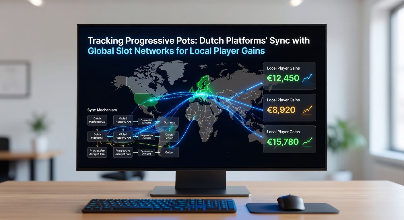Grafiek van een groeiende progressieve jackpotpot op een Nederlands casino-platform, verbonden met globale netwerken