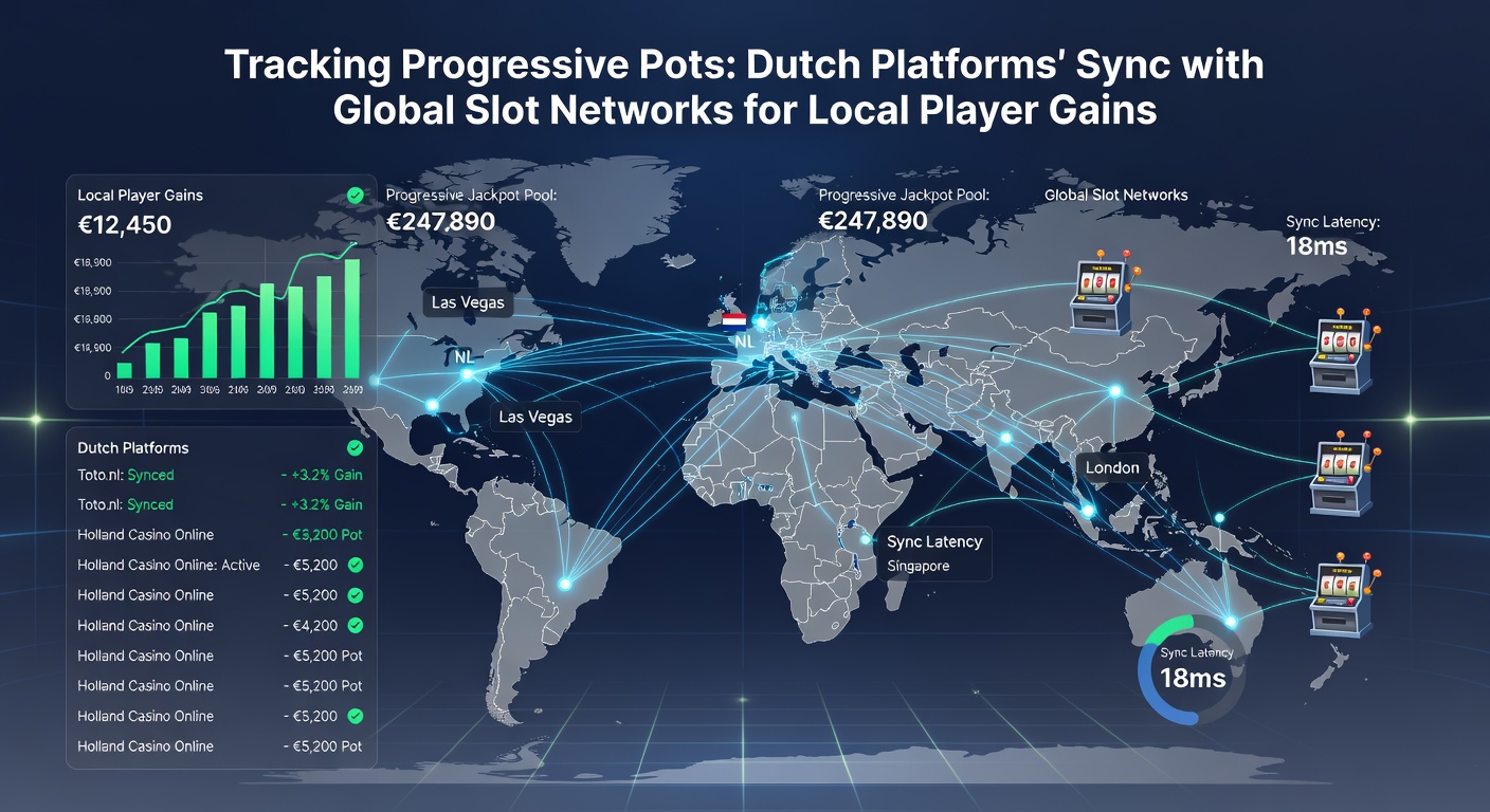 Schermafbeelding van een live progressieve jackpot-tracker op een Nederlands platform, met globale netwerkverbindingen zichtbaar