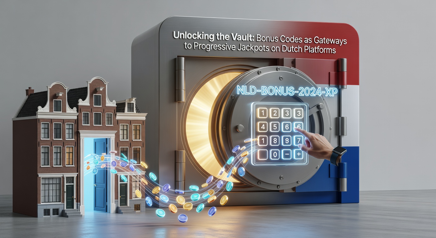 Afbeelding van een digitale kluis die opengaat met een bonuscode, symboliserend toegang tot progressieve jackpots op Nederlandse gokplatforms