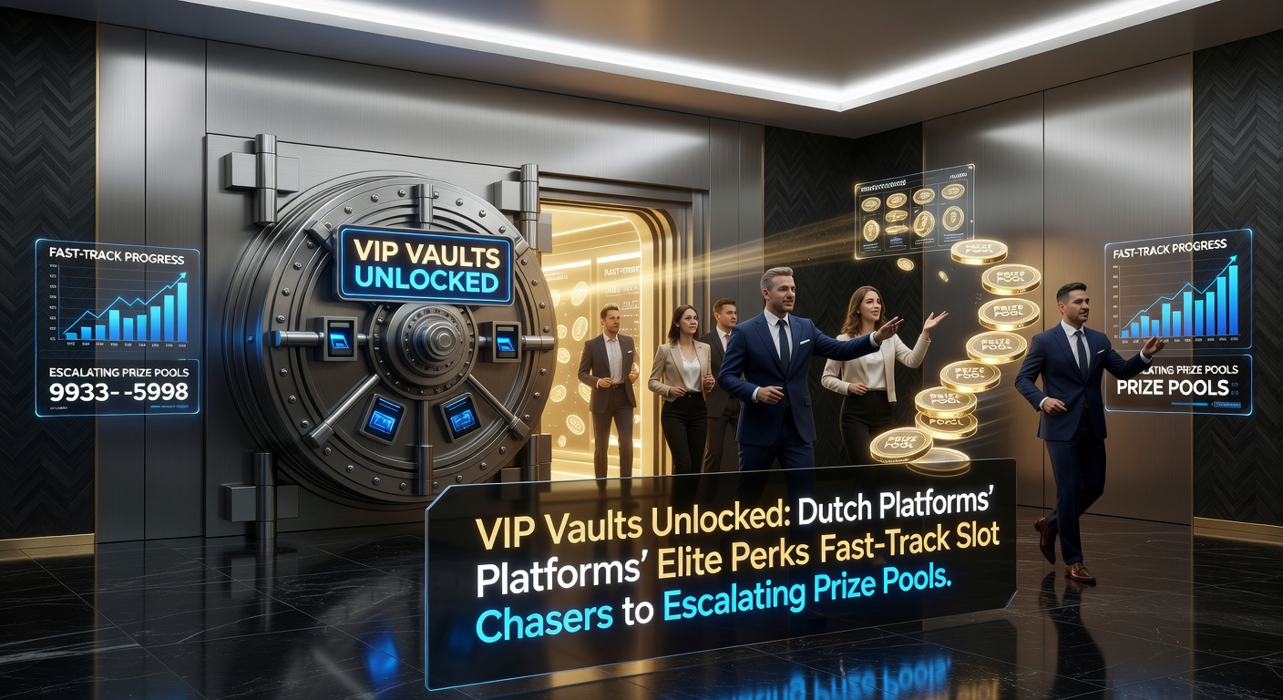 Afbeelding van een luxueuze VIP-kluis die opengaat met goud glinsterende jackpotmunten en slot symbolen die naar buiten stromen op een Nederlands casino platform