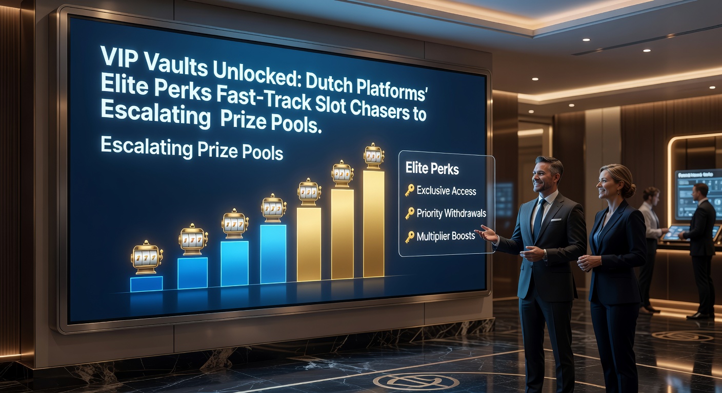 Slotjager in een VIP-lounge met schermen vol escalerende jackpot tellers en perks iconen op een Nederlands platform
