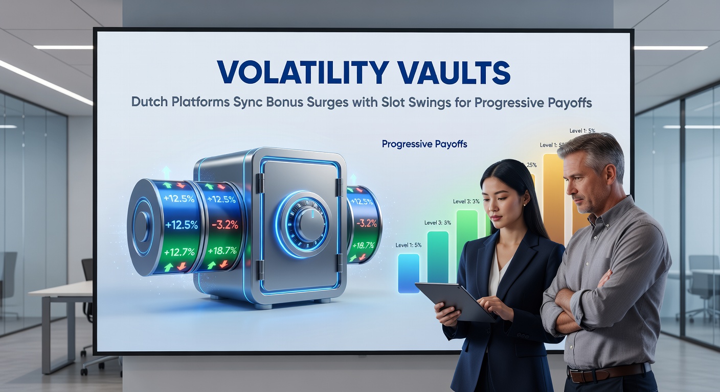 Voorbeeldscherm van een volatiliteitskluis-interface op een Nederlands casino-platform, met bonusmeters die oplichten bij slotvolatiliteitspieken